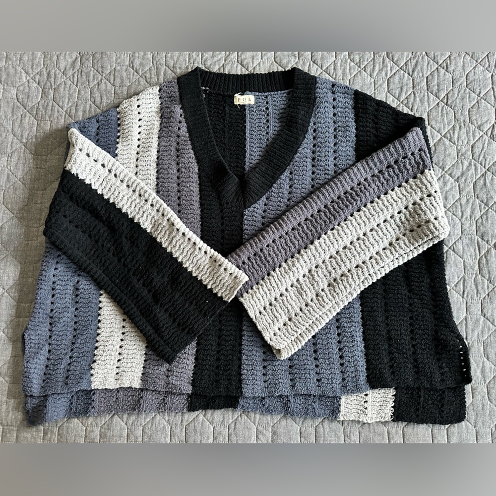NWOT POL boxy striped v-neck open-knit sweater - gray, black, blue, cream - S-XL